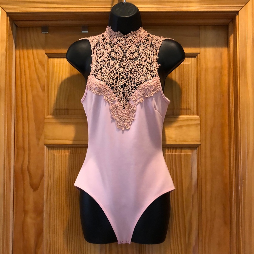 Pink Scuba and Rose Gold Crochet Upper Bodysuit